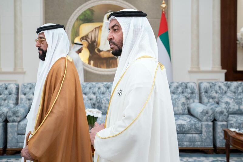 ABU DHABI, UNITED ARAB EMIRATES - June 04, 2019:  HH Sheikh Hamdan bin Zayed Al Nahyan, Ruler’s Representative in Al Dhafra Region (R) and HH Sheikh Tahnoon bin Mohamed Al Nahyan, Ruler's Representative in Al Ain Region (L), attend an Eid Al Fitr reception at Mushrif Palace. 


( Eissa Al Hammadi for Ministry of Presidential Affairs )
---