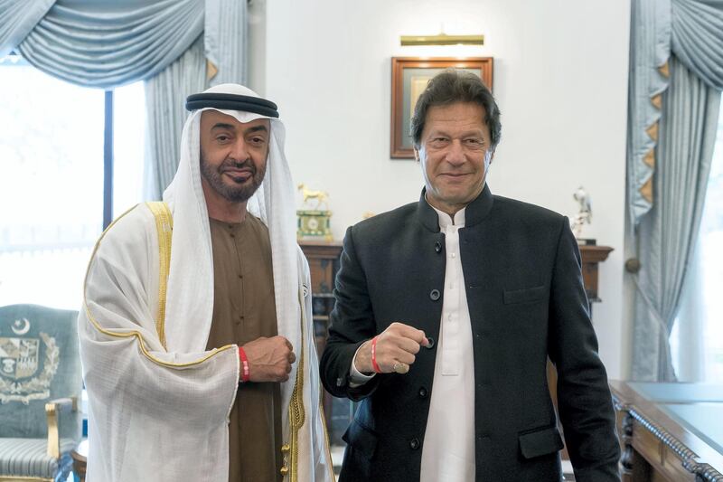 ISLAMABAD, PAKISTAN - January 06, 2019: HH Sheikh Mohamed bin Zayed Al Nahyan, Crown Prince of Abu Dhabi and Deputy Supreme Commander of the UAE Armed Forces (L), stands for a photograph with HE Imran Khan, Prime Minister of Pakistan (R), at the Prime Minister's residence.

( Rashed Al Mansoori / Ministry of Presidential Affairs )
---?