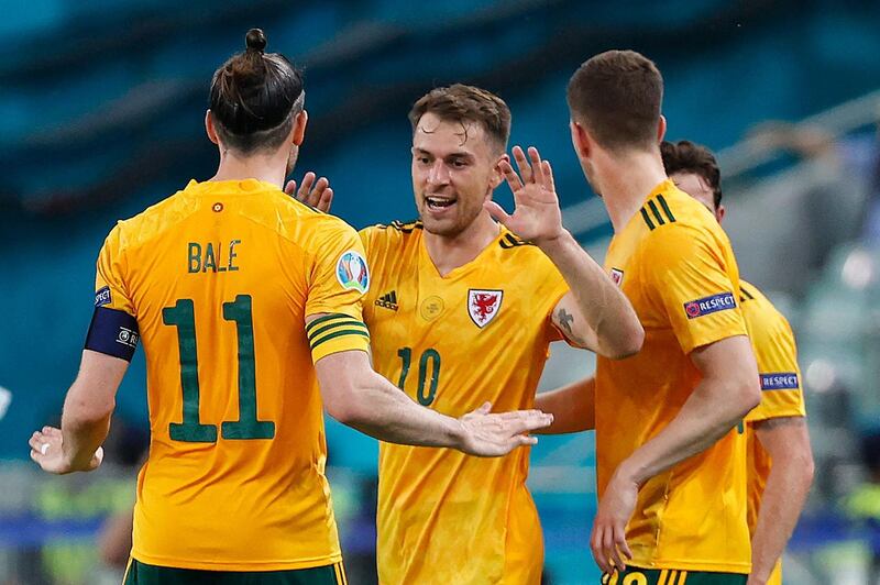 Wales midfielder Aaron Ramsey celebrates after scoring the opening goal in their Euro 2020 Group A win against Turkey  in Baku on Wednesday, June 16. AFP