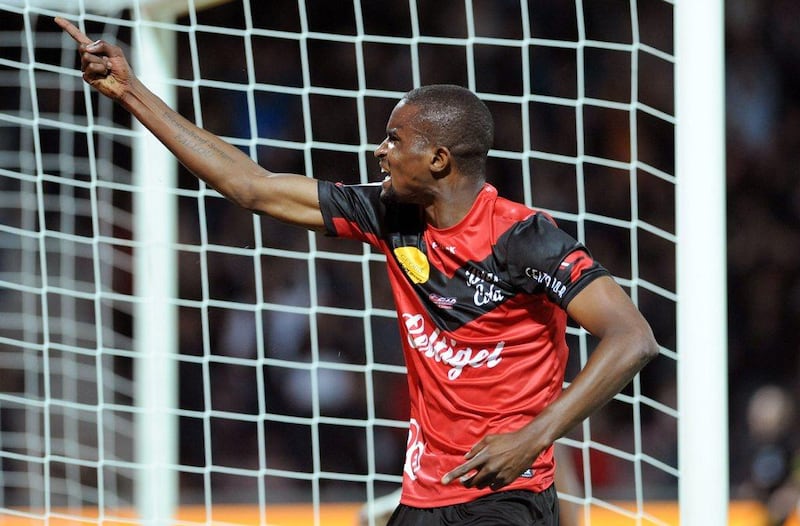 Guingamp 2-1 Ajaccio. Guingamp moved to fifth in Ligue 1 thanks to an 86th minute equaliser from Claudio Beauvue and a 90th-minute winner from Moustapha Diallo, above. Fred Tanneau / AFP