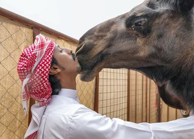 Abu Dhabi, United Arab Emirates, December 11,2019.    -- Hamed Jabber Al Jilab, 23 and Sleema the camel, 7, at the Al Dhafra Festival.Victor Besa/The NationalSection:  NAReporter:  Anna Zacharias