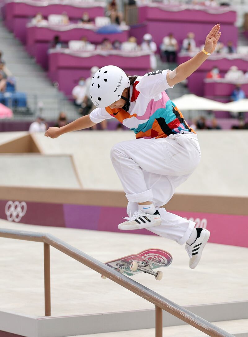 Momiji Nishiya of Japan performs during the Skateboarding Women's Street final.