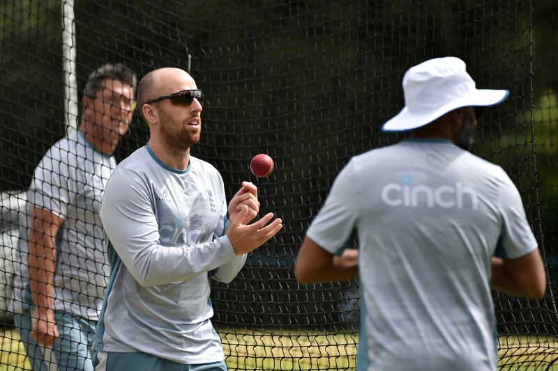 England's Jack Leach prepares to bowl in the nets during a training session at Edgbaston. AP 