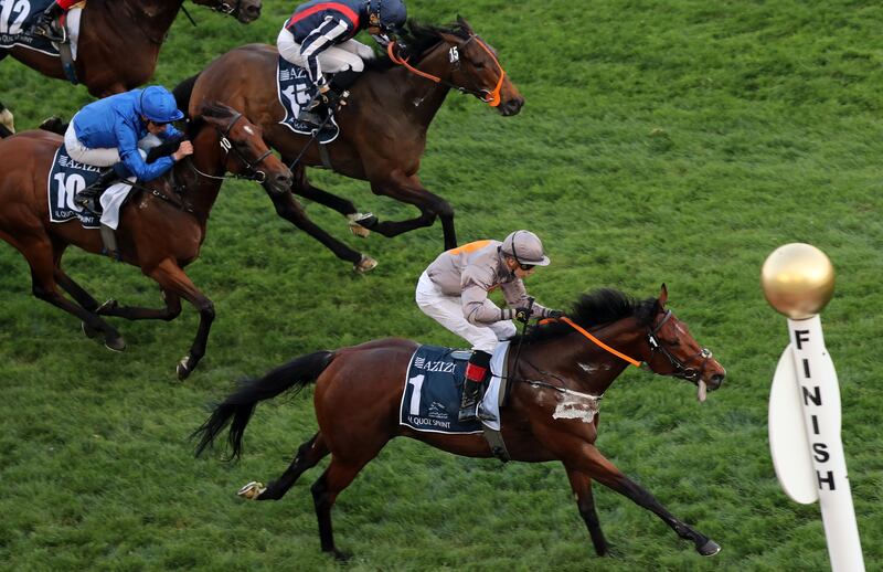 A Case of You ridden by Ireland's Ronan Whelan crosses the line to win the Al Quoz Sprint during the Dubai World Cup at Meydan Racecourse. Chris Whiteoak / The National