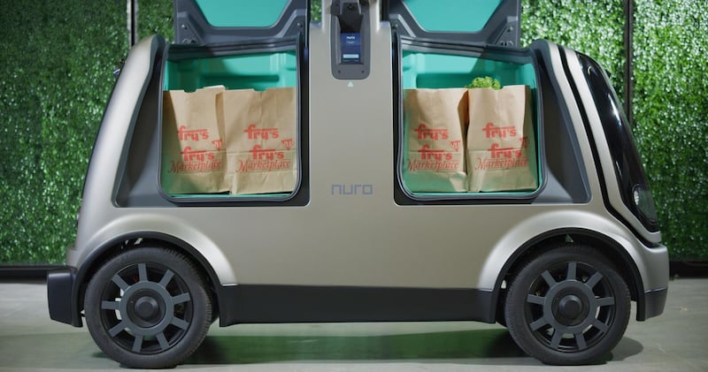 NuroÕs R1 driverless delivery van is seen packed with bags from KrogerÕs FryÕs Food Stores, which will begin a test of the vehicle in Scottsdale, Arizona, U.S., this autumn in this undated photo provided August 15, 2018.  ÊCourtesy of Kroger/Handout via REUTERS   ATTENTION EDITORS - THIS IMAGE WAS PROVIDED BY A THIRD PARTY