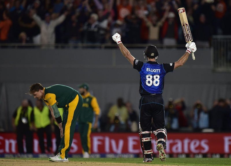 2015 World Cup, semi-finals. For once, South Africa got the batting right after winning the toss. Or did they? Faf du Plessis and captain AB de Villiers scored half-centuries as the Proteas posted 299-6 on the board. In response, New Zealand kept the asking rate well within control even as they lost wickets at regular intervals during the chase. Captain Brendon McCullum and Corey Anderson scored half-centuries, but it was Grant Elliott (84 not out), a South African now playing for the Black Caps, whose batting underpinned their successful chase. Marty Melville / AFP