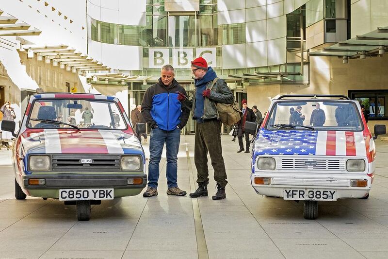 Chris Evans and Matt LeBlanc’s first challenge is a battle between the UK and the USA with Reliant Rialtos. Courtesy BBC Worldwide