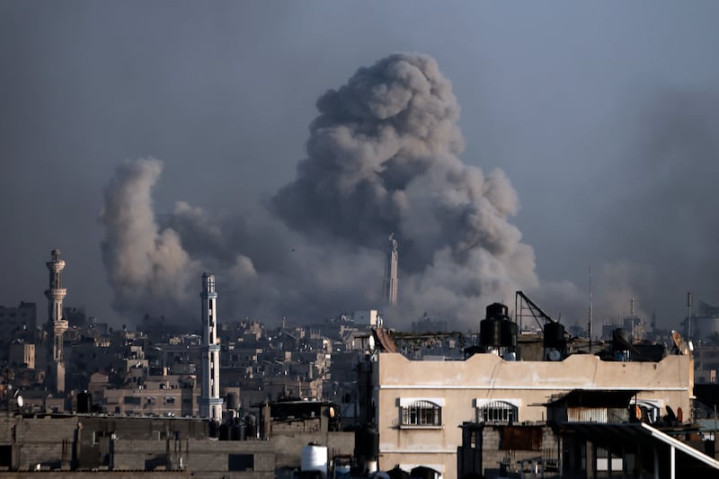 Smoke rises in Khan Younis following Israeli bombardments on January 17, 2024. AP Photo
