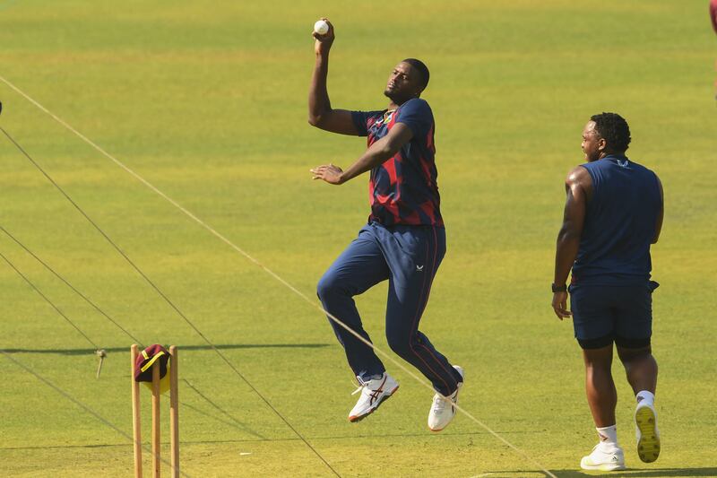 All-rounder Jason Holder trains in Kolkata on Monday. AFP