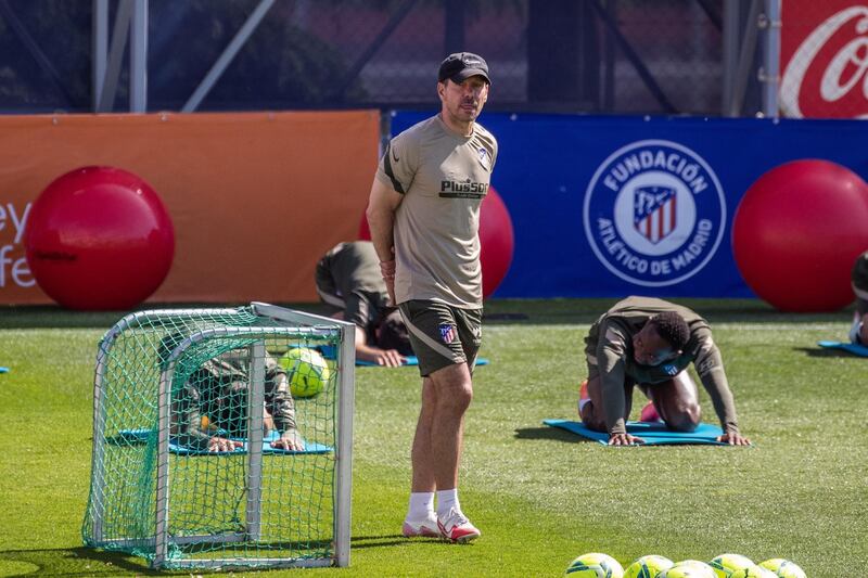 Atletico Madrid's manager Diego Simeone leads his team's training session at Sports City in Majadahonda on Thursday, May 20, 2021. Atletico Madrid face Real Valladolid on Saturday. EPA