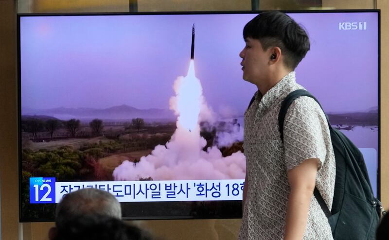 North Korea's missile launch during a television news programme in Seoul on Wednesday. AP