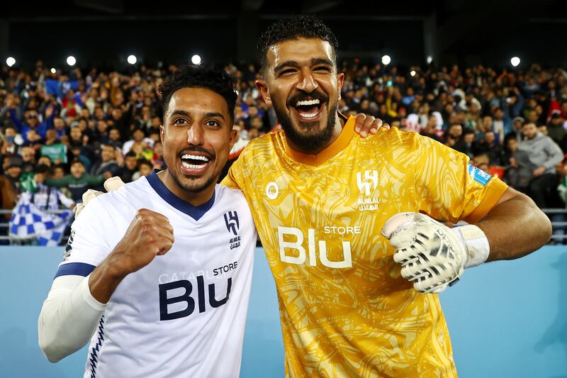 Salem Al Dawsari and Abdullah Al Mayouf of Al Hilal celebrate victory over Flamengo in the Club World Cup semi-final in Morocco on Tuesday, February 7, 2023. Getty