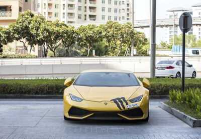 DUBAI, UNITED ARAB EMIRATES, 07 August 2018 - A Lamborghini car involve in a 170,000 speeding fine parked at Five Hotel, Palm Jumeirah, Dubai.  Leslie Pableo for The National 