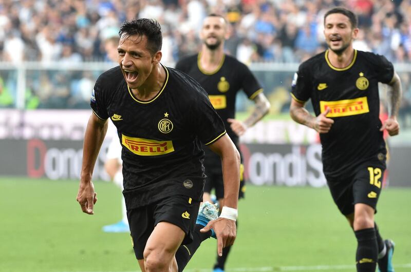 GENOA, ITALY - SEPTEMBER 28: Alexis Sanchez of FC Internazionale celebrates after scoring the first goal of his team during the Serie A match between UC Sampdoria and FC Internazionale at Stadio Luigi Ferraris on September 28, 2019 in Genoa, Italy.  (Photo by Paolo Rattini/Getty Images)