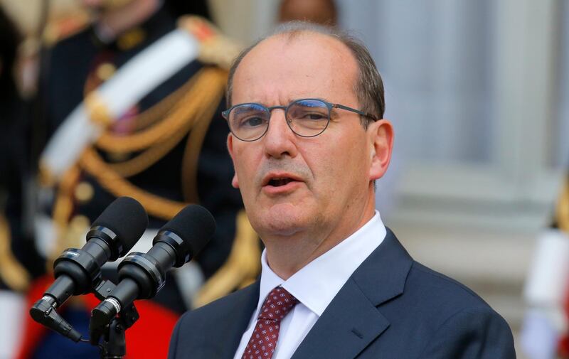 The new French Prime Minister Jean Castex speaks after the handover ceremony in Paris, July 3. AP