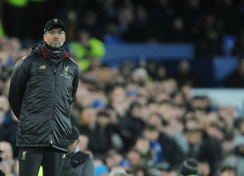 Liverpool's coach Juergen Klopp stands during the English Premier League soccer match between Everton and Liverpool at Goodison Park in Liverpool, England, Sunday, March 3, 2019. (AP Photo/Rui Vieira)