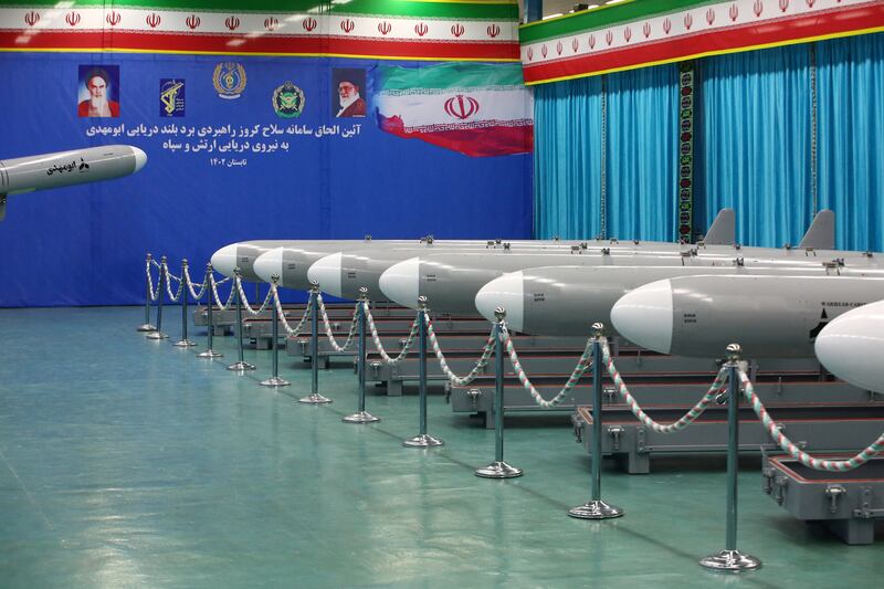 Iranian missiles called Abu Mahdi are displayed at an IRGC military ceremony in Tehran. Reuters
