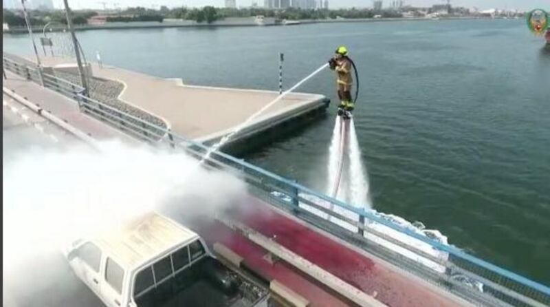 Dolphin, a jetski equipped with a water jetpack and fire hose, will let civil defence tackle fires from the water. Courtesy Dubai Media Office