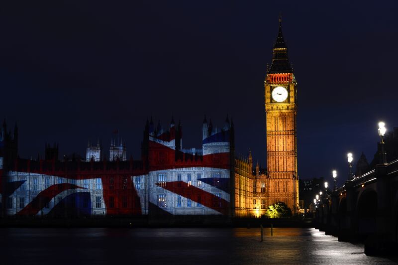 The flag of Great Britain is projected on to the Houses of Parliament and Big Ben during a light show to mark the start of the 2012 Olympic Games. Getty Images