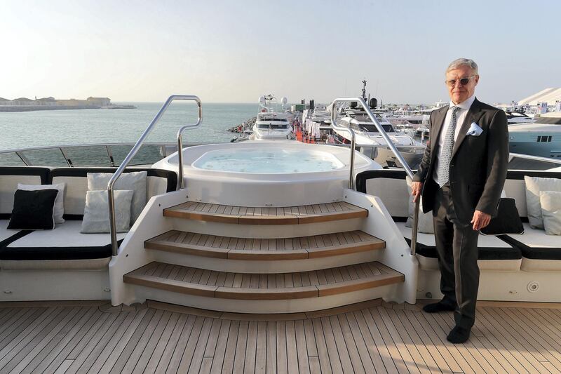 DUBAI , UNITED ARAB EMIRATES , February 26 – 2019 :- Dr. Rainer Behne , Chairman of Behnemar Global , a marine services company at the Rocket Yacht which is on display at the Dubai International Boat Show held in Dubai. ( Pawan Singh / The National ) For Lifestyle. Story by Sophie