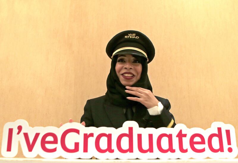 Cadet pilot Rasha Al Musallami quit her job as an assistant bank manager to train as a pilot with Etihad. Ravindranath K / The National