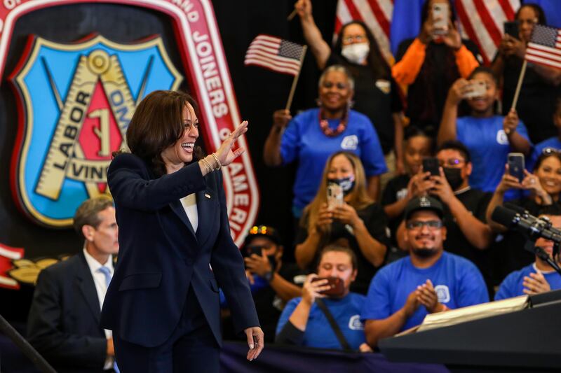Kamala Harris is introduced while visiting the United Brotherhood of Carpenters and Joiners of America International Training Centre during her 'America's Back Together' tour, in Las Vegas, Nevada, on July 3, 2021. EPA