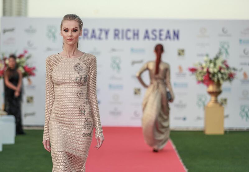 Abu Dhabi, U.A.E., January 31, 2019.  A look at Crazy Rich Asean, a fashion & jewellery show being held at the Singapore Residence in Abu Dhabi.  Fashion by Filipino designers Jose and Aldwin Guardiana.
 Victor Besa / The National
Section:  IF
Reporter:  Panna Munyal