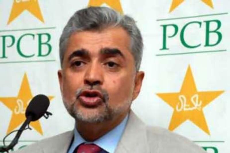 The Pakistan Cricket Board chairman Naseem Ashraf addresses a news conference in Lahore.