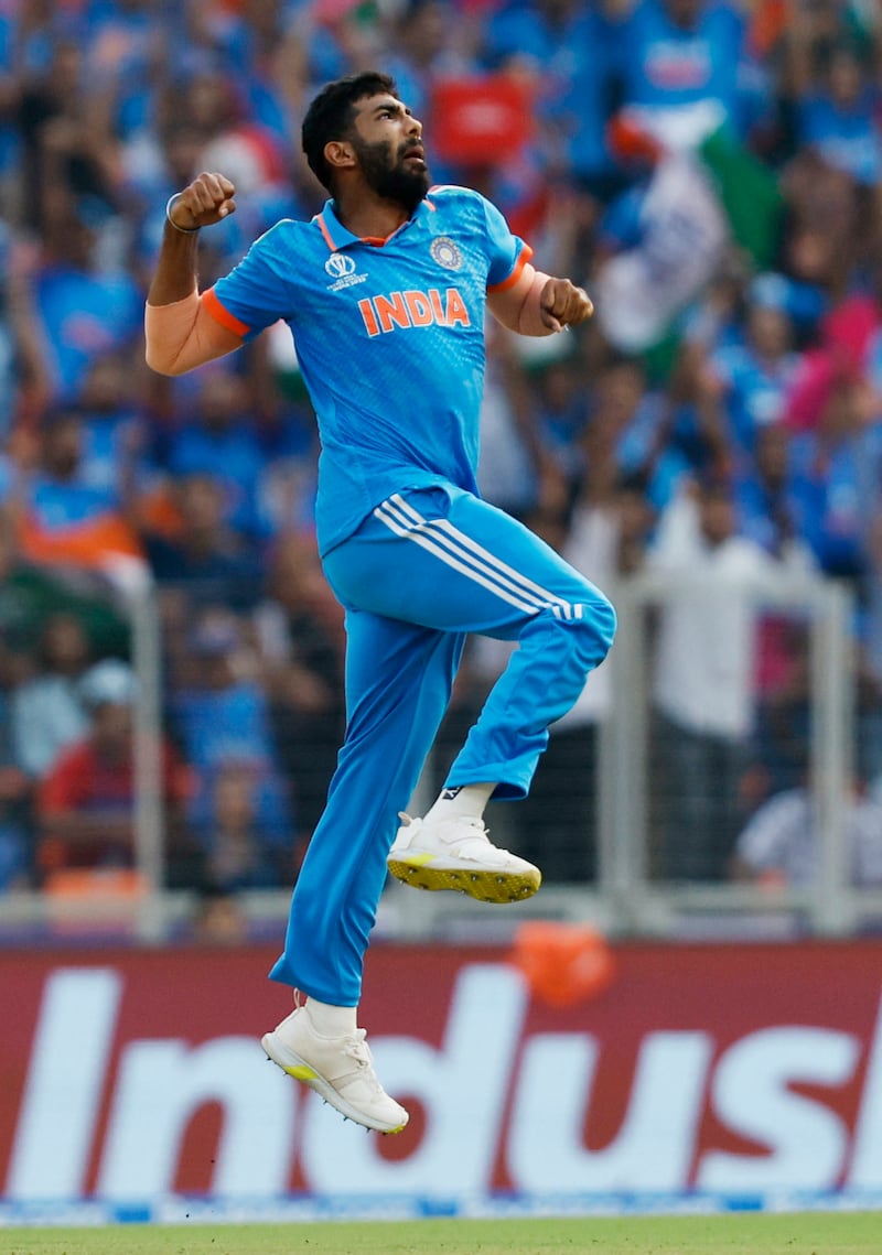 India's Jasprit Bumrah celebrates after taking the wicket of Pakistan's Mohammad Rizwan. Reuters