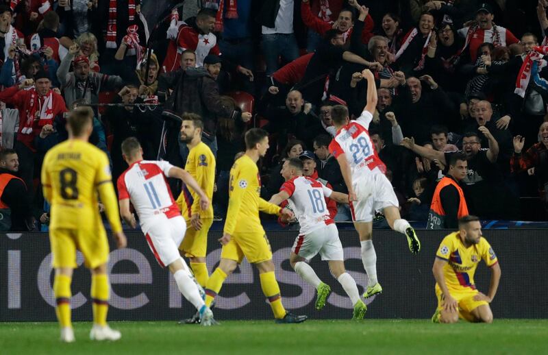Jan Boril, third right, celebrates after scoring Slavia Prague's goal. AP