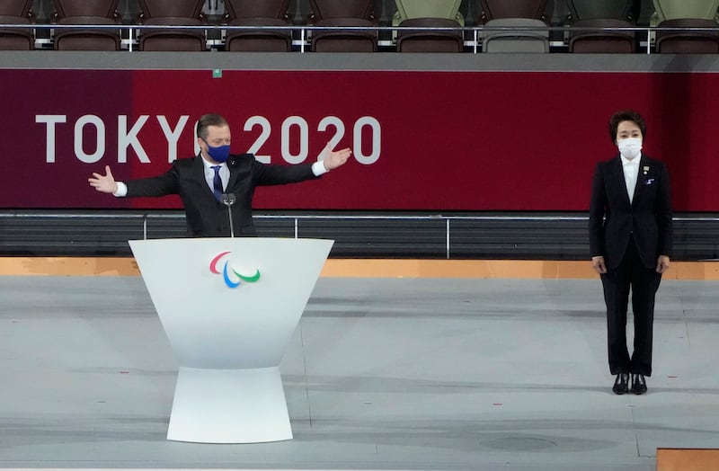President of the International Paralympic Committee, Andrew Parsons, speaks during the closing ceremony. AP
