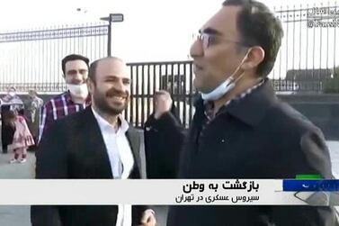An image grab from footage obtained from Iranian State TV IRIB on June 3, 2020 shows Iranian scientist Sirous Asgari arriving in Iran's capital Tehran after being released from prison by the United States. AFP