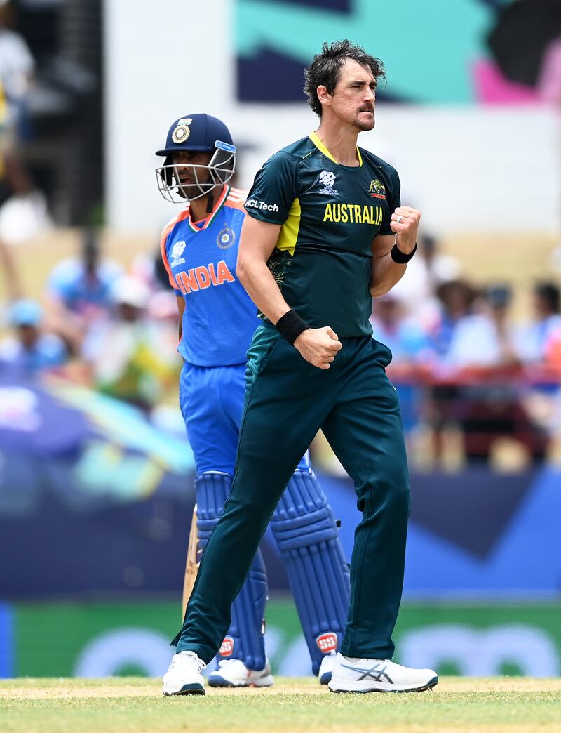 Relief for Mitchell Starc after bringing Rohit Sharma's brutal innings for India to a close. The Australian bowler finished with figures of 2-45 off his four overs. Getty Images