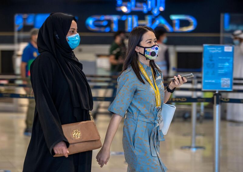 Abu Dhabi, United Arab Emirates, July 8, 2020.   
Abu Dhabi International Airport Media Tour by Etihad.  The Etihad Check-In counter area.
Victor Besa  / The National
Section:  NA 
Reporter: