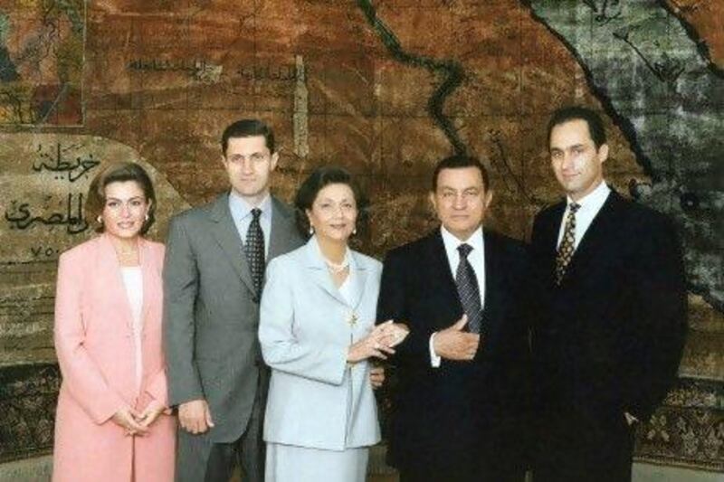 Hosni Mubarak with wife Suzanne (centre) and, from left, daughter-in-law Heidi Al Rasekh, son Alaa, and Gamal (right). The wealth amassed by the Mubaraks, while substantial, never remotely approached the billions thought to have been accumulated by Muammar Qaddafi and Zine El Abidine Ben Ali.