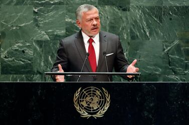 Jordan's King Abdullah addresses the 74th session of the United Nations General Assembly. King Abdullah voiced his opposition to Israel’s plans to annex portions of the West Bank. AP