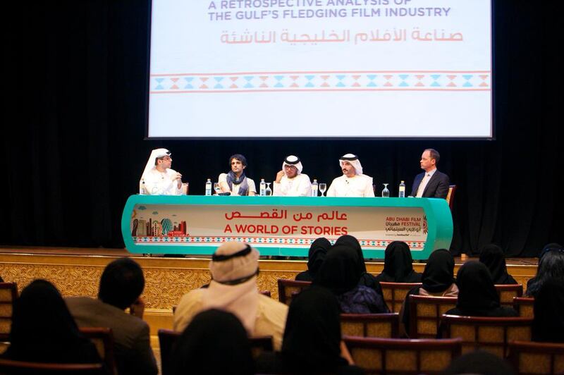 From left, The National editor-in-chief Mohammed Al Otaiba, filmmaker Nawaf Al Janahi, ADFF’s senior programming officer Adel Al Jabri, head of DIFF Film Market Samr Al Marzooqi and twofour54 head of Intaj, Paul Baker. Mohamed Somji / seeing things photography