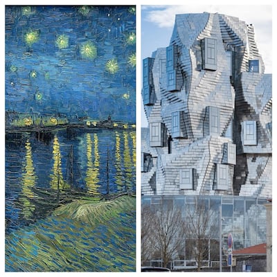 'Starry Night Over the Rhone' by Vincent van Gogh, shown next to Luma Arles arts complex by Frank Gehry. Courtesy Musee d'Orsay and Frank Gehry