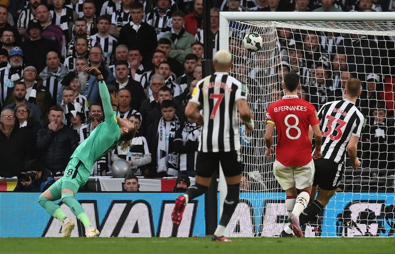 Marcus Rashford's shot is deflected past Newcastle United goalkeeper Loris Karius for the second goal for Manchester United. EPA 