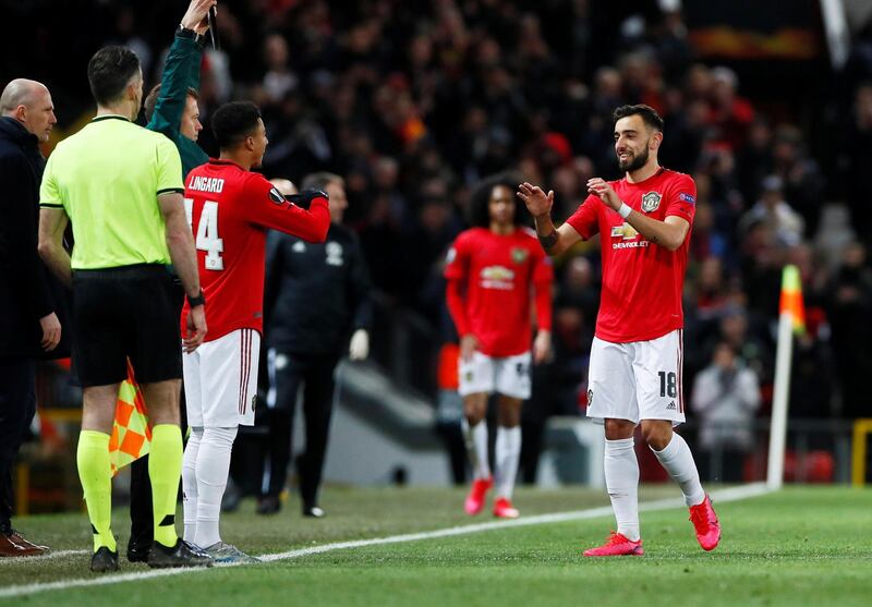 Manchester United's Jesse Lingard comes on as a substitute to replace Bruno Fernandes. Reuters