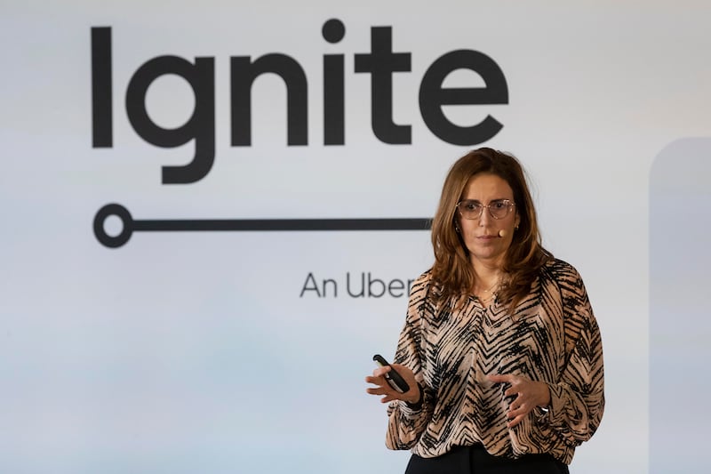 Anabel Diaz, head of Uber in Europe, the Middle East and Africa, addresses the Uber Urban Mobility Conference. All photos: Antonie Robertson / The National