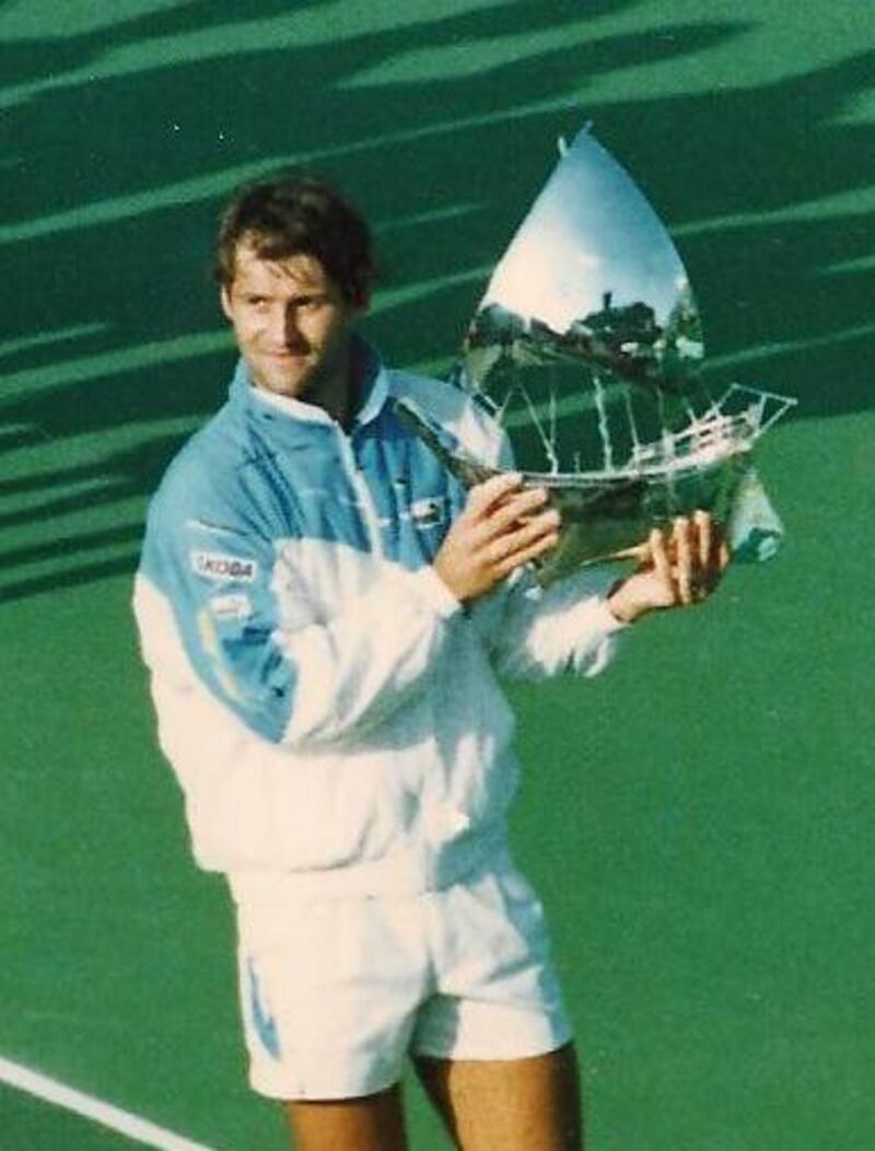 Karel Novacek poses with the trophy after winning the first Dubai Duty Free Tennis Championship in 1993. Photo Courtesy: Dubai Duty Free Tennis Championships