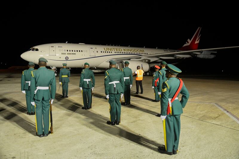 The Barbados Defence Force is in position as a Royal Air Force plane arrives with Prince Charles at Grantley Adams International Airport on the Caribbean island. AFP