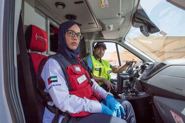 Emirati Aysha Al Blooshi is an advanced paramedic, and her colleague Marwan Al Mansoori, from Yemen, is an emergency responder for the Dubai Ambulance Corporation. Leslie Pableo for The National