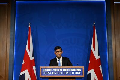 Prime Minister Rishi Sunak delivers his speech in Downing Street. AP