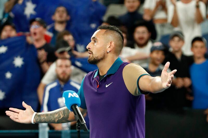 Nick Kyrgios celebrates after winning his Australian Open second round match against Ugo Humbert. Getty Images