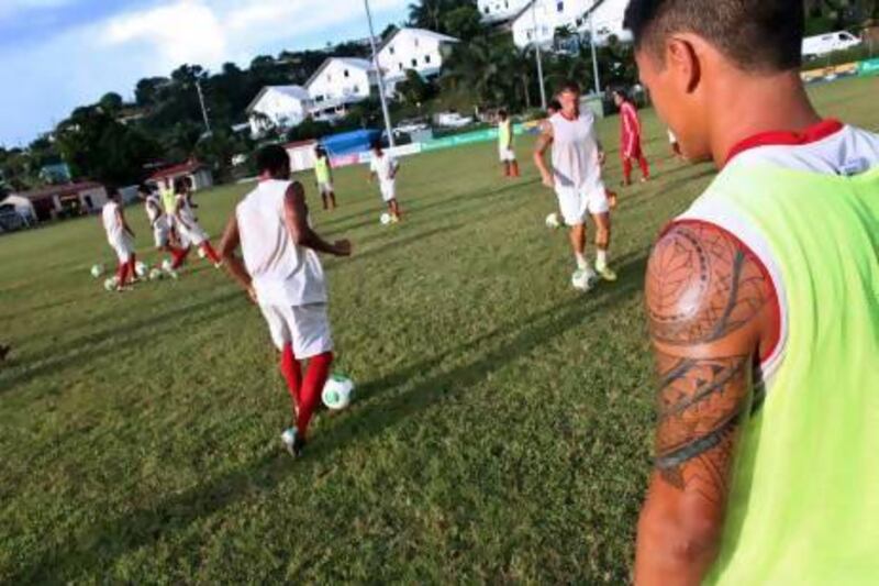 Players from the tiny French Polynesian island of Tahiti take part in a training session last week. Tahiti won the 2012 OFC Nations Cup in the Solomon Islands to gain entry into this week’s Confederations Cup. Gregory Boissy / AFP