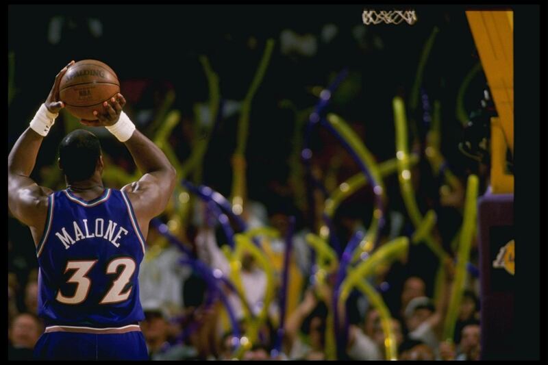 13 Apr 1997:  Karl Malone #32 of the Utah Jazz shoots during their 100-98 loss to the Los Angeles Lakers at the Great Western Forum in Inglewood, California.  Mandatory Credit: Jed Jacobsohn  /Allsport/ Getty Images