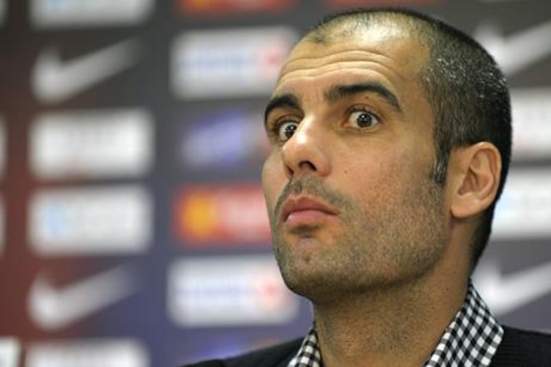 Barcelona's coach Pep Guardiola gives a press conference in Barcelona on April 9, 2010, on the eve a Spanish league football match against Real Madrid. Barcelona will play 'El Clasico' match against Real Madrid that could decide this season's La Liga title on April 10, 2010 in Madrid. AFP PHOTO / LLUIS GENE