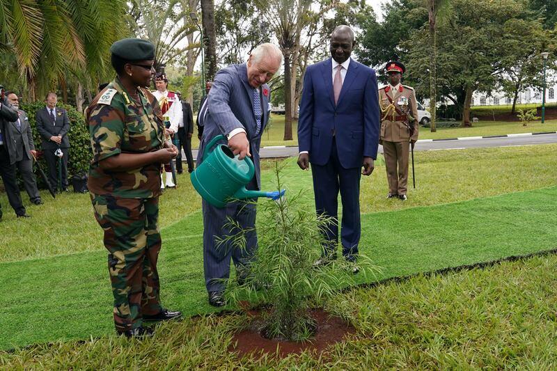 King Charles waters and plants a tree watched by President of Kenya, William Ruto in October 2023 in Nairobi 